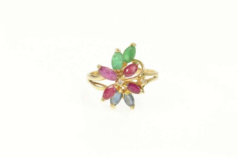 14K Yellow Gold Emerald Ruby Sapphire Cluster Diamond Accent Ring