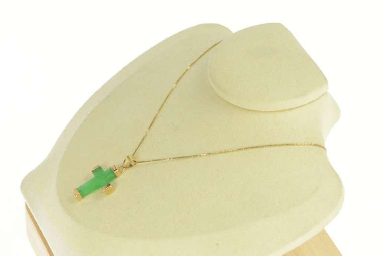 14K Yellow Gold Squared Jade Carved Cross Christian Faith Pendant
