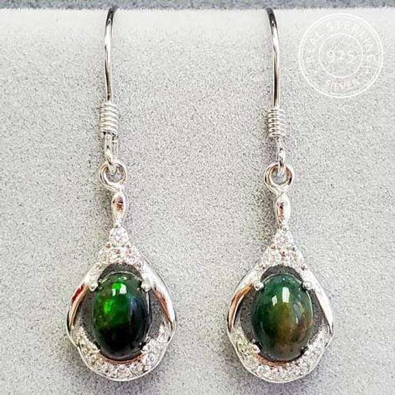 1.20CT GENUINE ETHIOPIAN BLACK OPAL & CREATED WHITE TOPAZ STERLING DANGLE EARRINGS