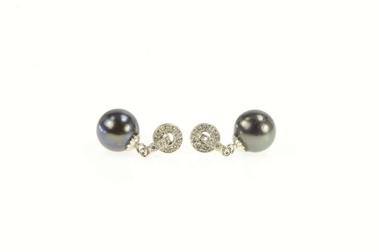 14K White Gold 5.6mm Round Black Pearl Diamond Dangle Earrings