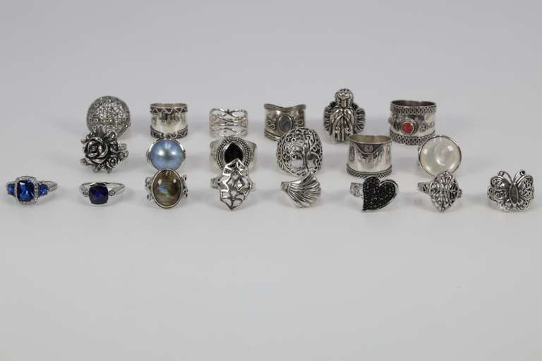 .925 Sterling Silver Cocktail Ring Assortment Various Sizes & Styles (20 Ring Lot)