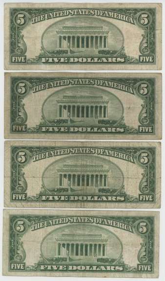 4 Series of 1928 $5 Red Seal Notes. Scarcer
