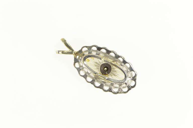 14K Yellow Gold Art Deco Diamond Camphor Glass Oval Pendant