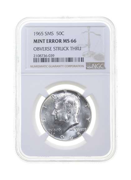 MS66 ERROR 1965 SMS Kennedy Half Dollar - OBV Struck Thru - Graded NGC