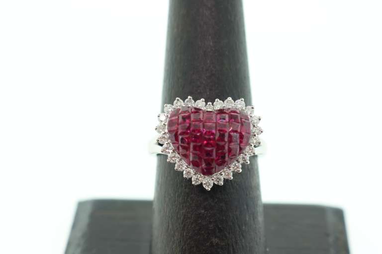 Intensely Romantic Ruby Cluster 18k White Gold Heart Ring rimmed with Diamonds