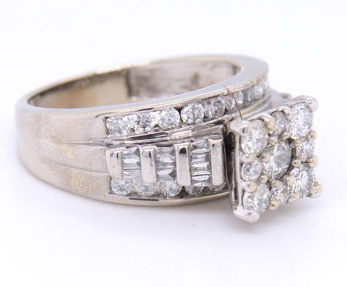 Attractive White Gold Square Cluster RBC and Baguette Diamond Engagement Ring