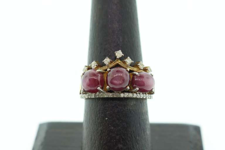 Regal Gold Plated Silver Triple Set Ruby Ring with Diamond Crown