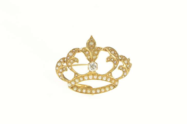 14K Yellow Gold Victorian Diamond Seed Pearl Crown Pin/Brooch