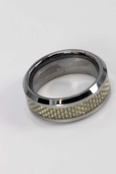 Men's Tungsten Carbide Gray Carbon Fiber Inlay Wedding Band Comfort Fit Ring Size 7.5