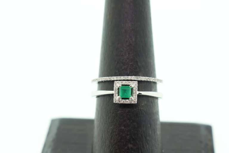 Sleek Double Row 18k White Gold Emerald Ring with Diamond Studs