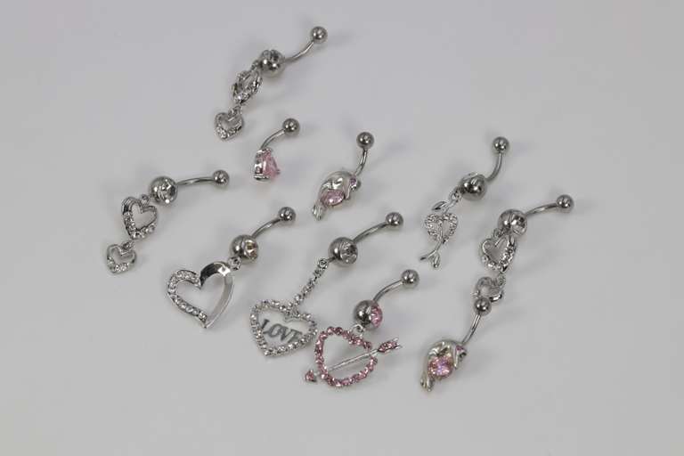 10 Belly Button Ring Lot Mixed Metals Surgical Steel Bar w/.925 Sterling Silver Charm