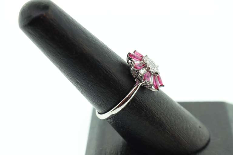 Bold Ruby and Diamond Patterned 18k White Gold Ring