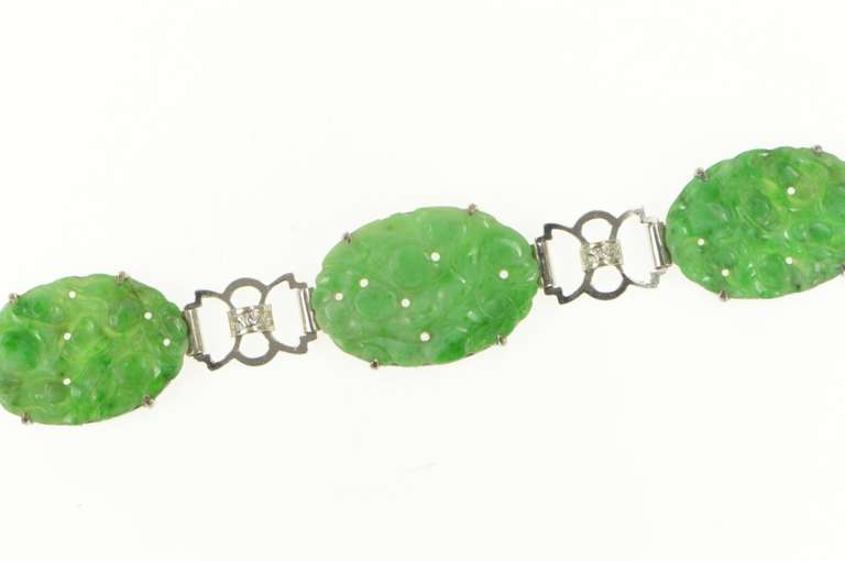 14K White Gold Carved Oval Floral Jade Elaborate Statement Bracelet