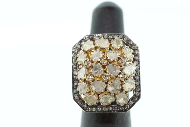 Exquisite Mine Cut Diamond Cluster Ring with Gold Plated Silver and Diamond Accents
