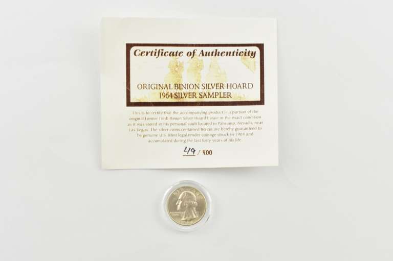 1964-D Washington Quarter Orig. Binion Silver Hoard Sampler 49/400 COA