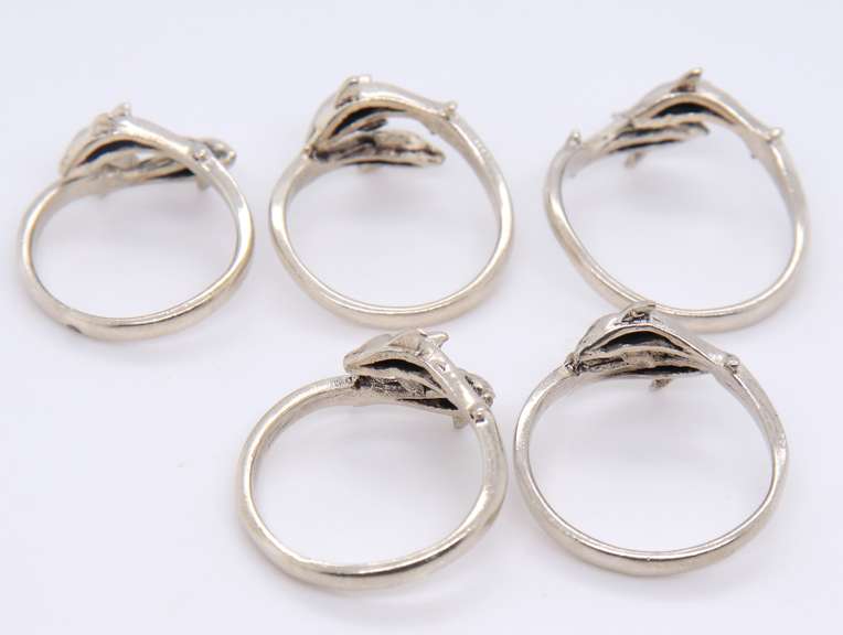 Group Lot of 5 Vintage 925 Sterling Silver Dolphin Rings