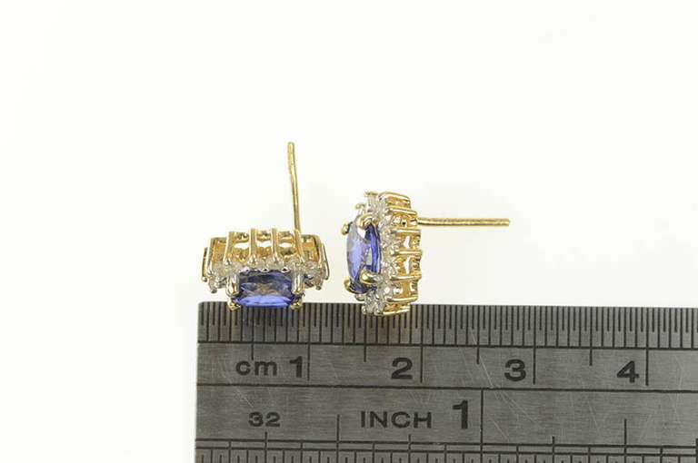 14K Yellow Gold Oval Syn. Sapphire Diamond Halo Stud Earrings