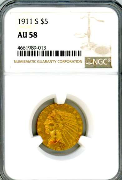 1911-S $5 Indian Gold Piece in NGC AU58