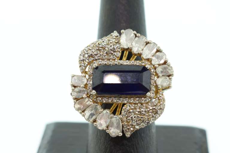 Supreme Sapphire Ring with Mine Cut Diamonds and Gold Plated Silver