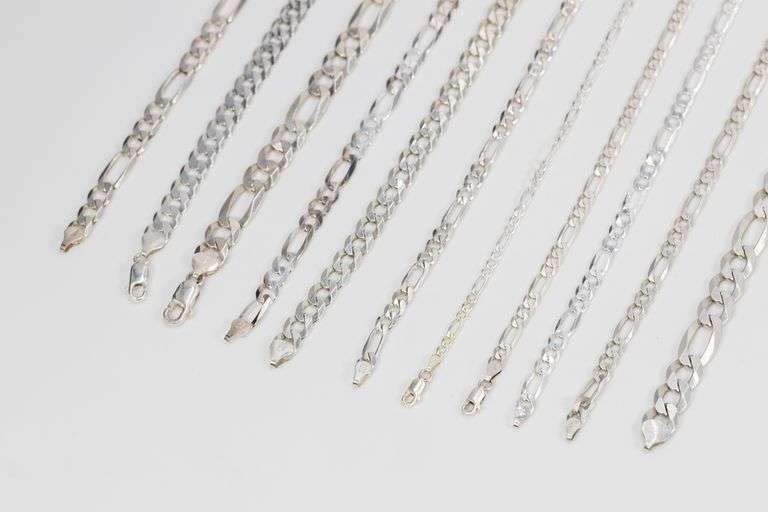 Sterling Silver - Italy Stamped - Curb / Figaro Mixed Lot - 11 Chains - 4.7mm to 10mm Wide - Mixed Lengths