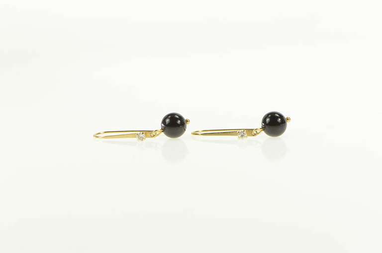 14K Yellow Gold Black Onyx Ball CZ Accent Dangle Hook Earrings