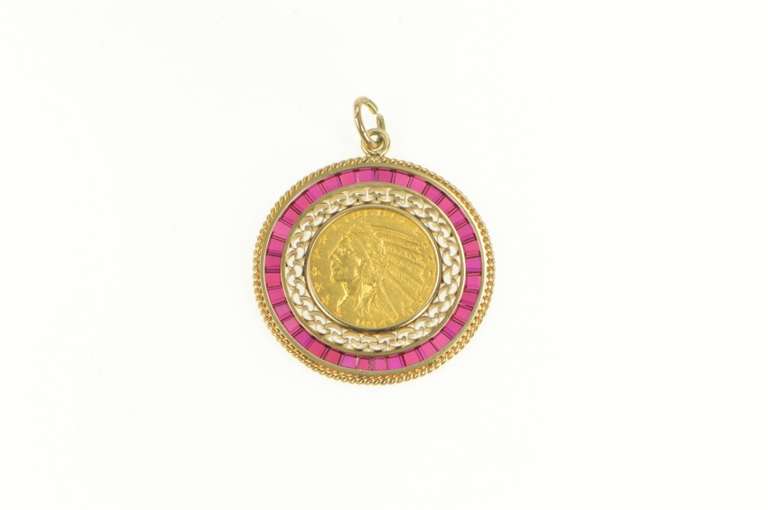 14K Yellow Gold 1914 Indian $2.50 Syn Ruby Medallion Charm/Pendant