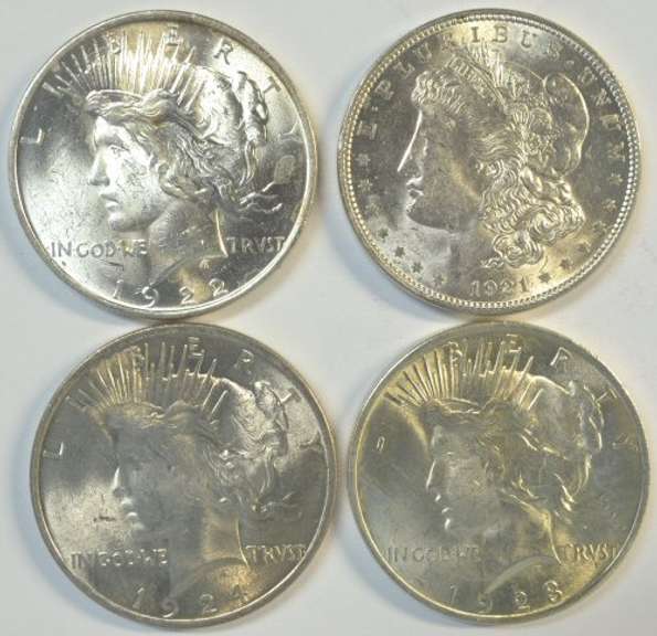 Choice BU 1921 Morgan and 1922 to 1924 Peace Dollars. 4pcs