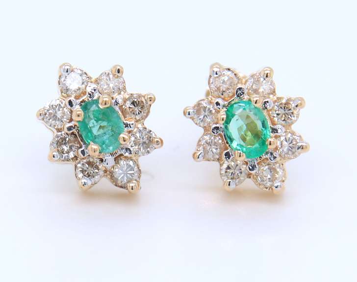 Powerful Yellow Gold Emerald and Diamond Cluster Earrings