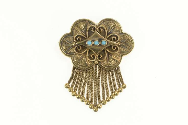 14K Yellow Gold Elaborate Victorian Turquoise Chain Fringe Pin/Brooch
