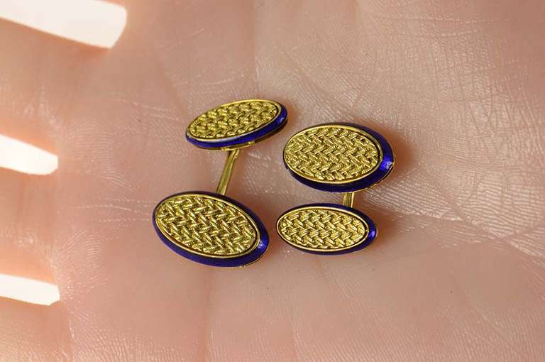 18K Yellow Gold Oval Woven Blue Enamel Men's Ornate Cuff Links