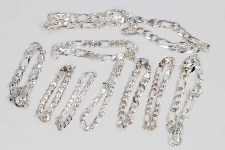Sterling Silver - Italy Stamped - Super Flats - Curb / Figaro Mixed Lot - 10 Chain Bracelets - 6.7mm to 11.4mm Wide - 8 to 10 Inch