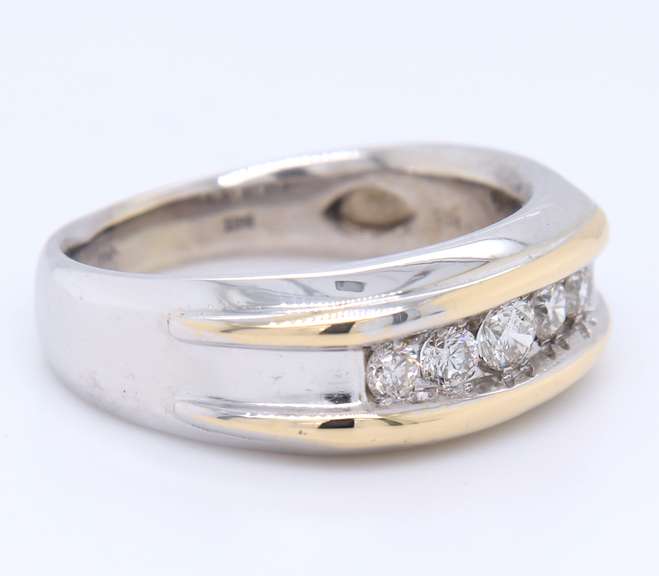 Elegant Yellow and White Gold Five across Diamond Men's Ring