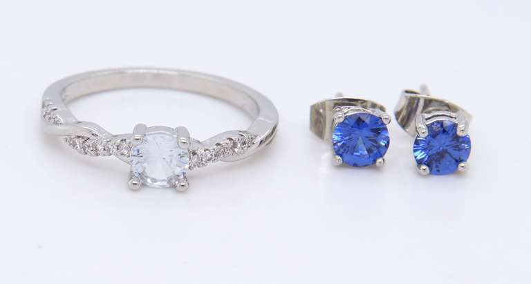 925 Sterling Silver Gemstone Ring and Stud Earrings