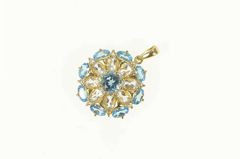 14K Yellow Gold Blue Topaz CZ Diamond Accent Round Cluster Pendant