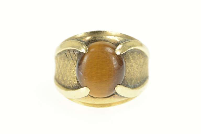 18K Yellow Gold 1960's Tiger's Eye Ornate Men's Statement Ring