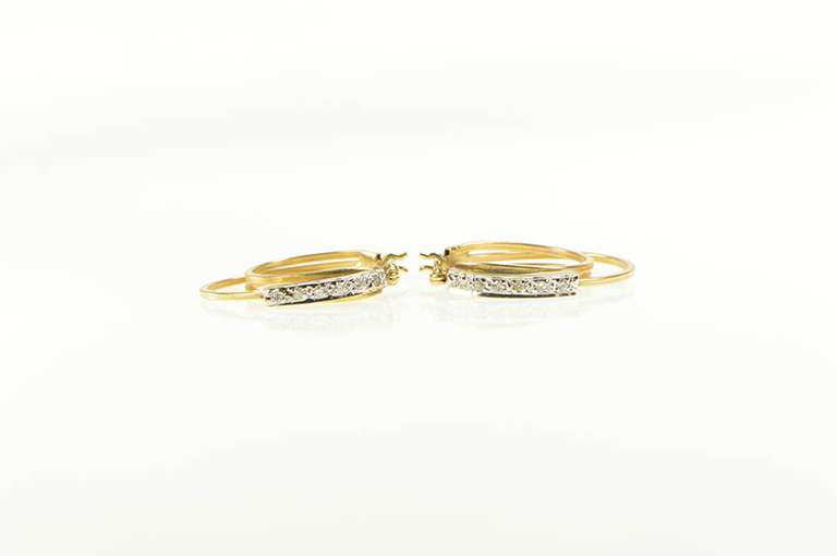 14K Yellow Gold Diamond Inset Layered Look Oval Hoop Earrings