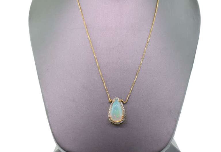 14kt Yellow Gold, Opal, & Diamond Pendant Necklace