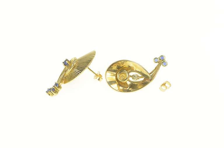 14K Yellow Gold 1960's Sapphire Ornate Grooved Swirl Drop Earrings