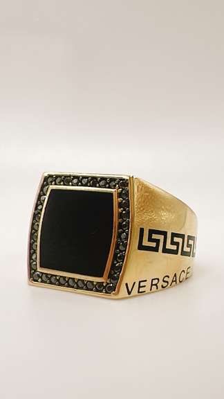 Men's 14kt Solid Yellow Gold, Onyx, & CZ  VERSACE Ring