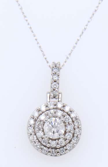 Elegant White Gold Round Brilliant Cut Diamond Double Halo Pendant on Chain