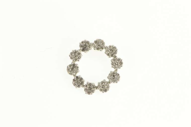14K White Gold Pave Diamond Flower Cluster Circle Pendant