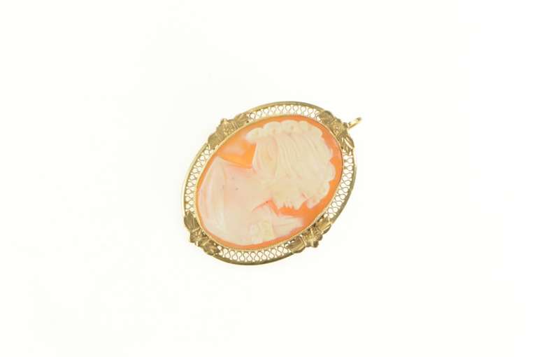14K Yellow Gold Carved Shell Cameo Lady Ornate Vintage Pin/Brooch