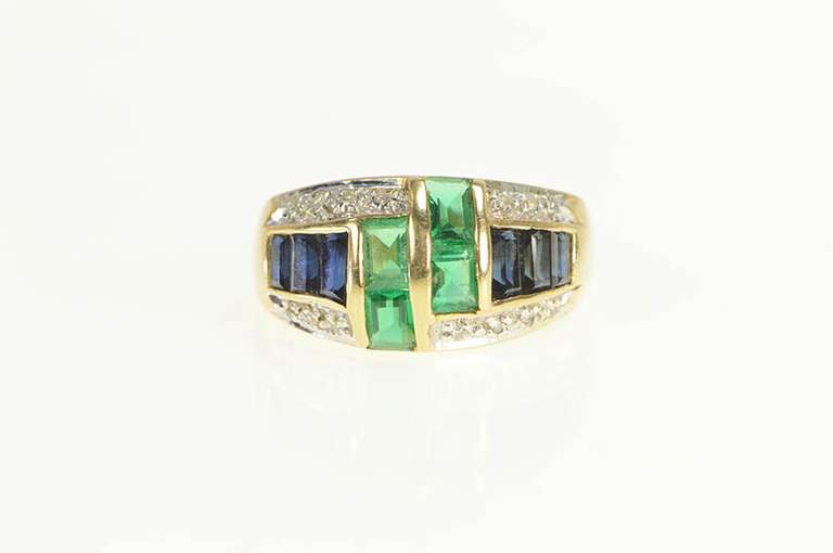 14K Yellow Gold Emerald Cut Syn. Emerald & Sapphire Diamond Ring