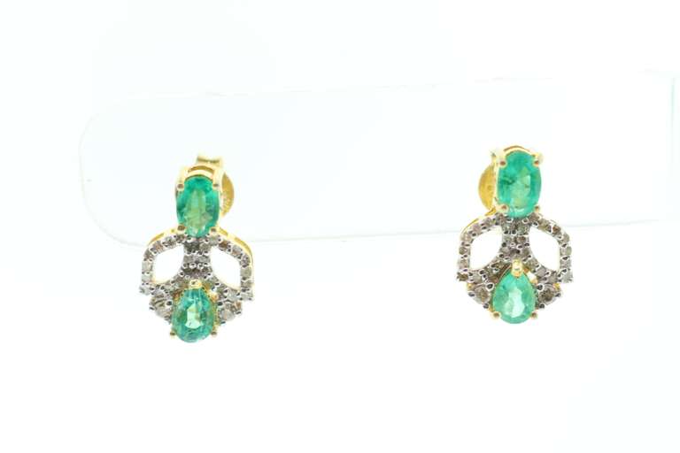 14kt Gold Plated Sterling Silver, Emerald, & Diamond Earrings