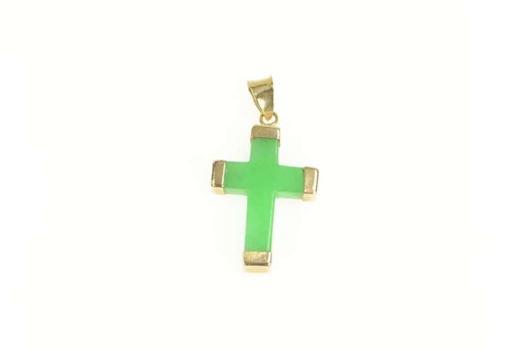 14K Yellow Gold Squared Jade Carved Cross Christian Faith Pendant