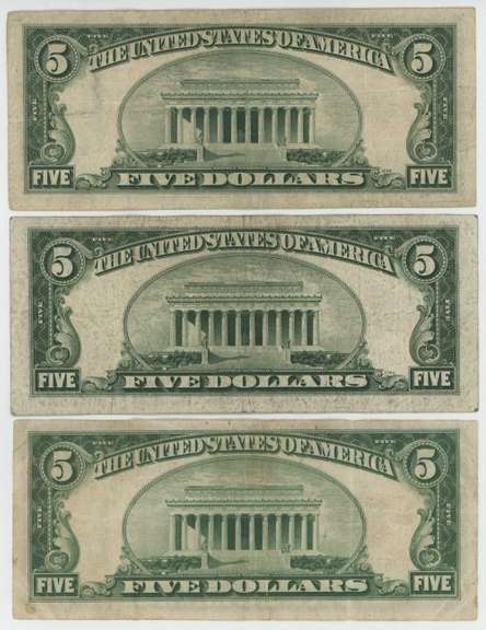 3 Nice and collectible Series of 1928 $5 Red Seal Notes