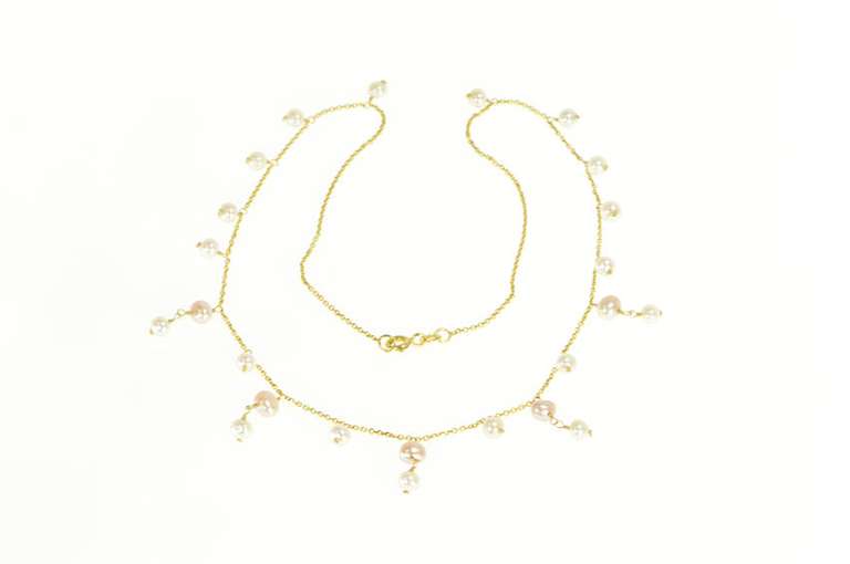 14K Yellow Gold Pearl Fringe Beaded Statement Chain Link Necklace