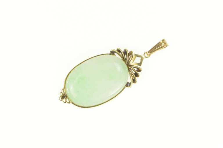 14K Yellow Gold Oval Jade Ornate Scroll Design Statement Pendant