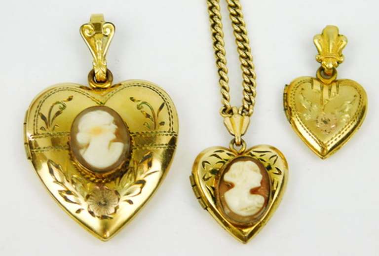3 Vintage Gold-Filled Heart Lockets - Cameos