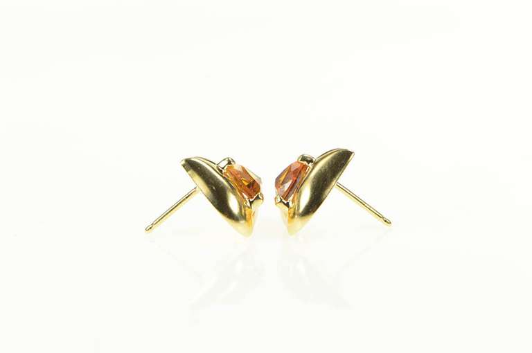 14K Yellow Gold Trillion Citrine Solitaire Scalloped Stud Earrings